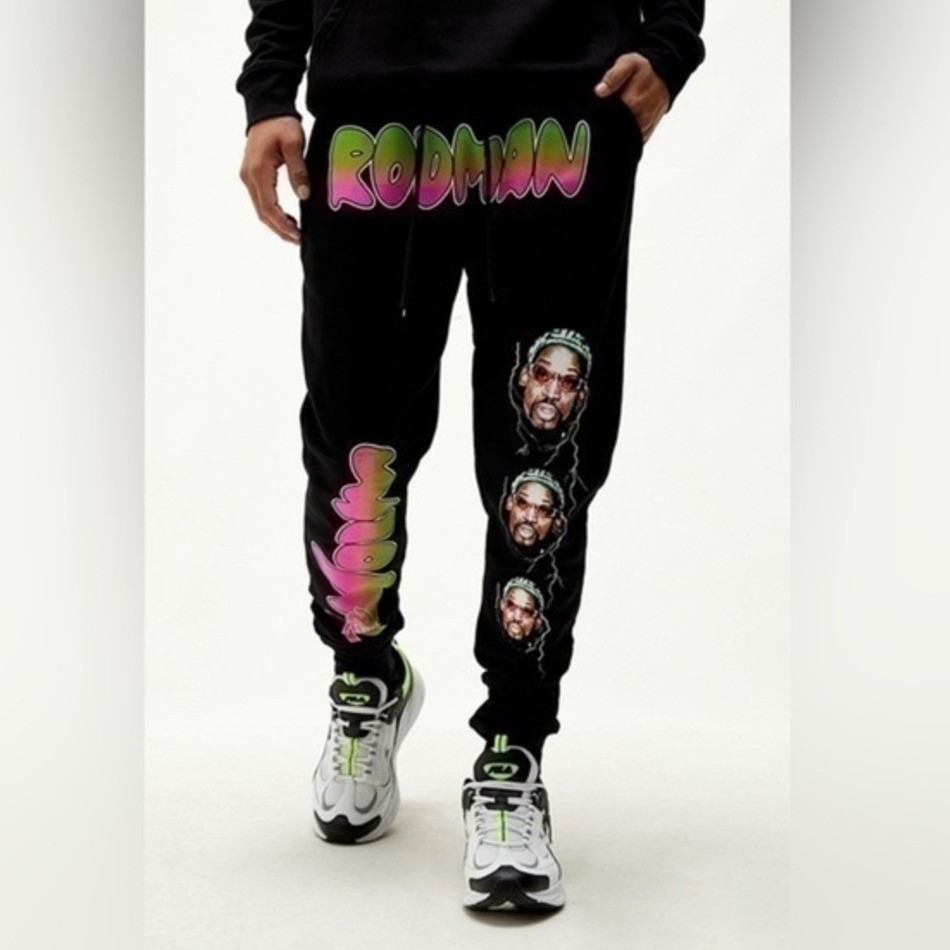 Dennis Rodman The Worm Sweatpants Men M Black Neon Portrait Retro Sporty Joggers